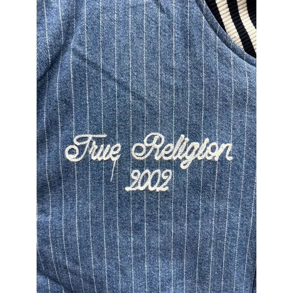 True Religion Jacket Varsity Pinstripe Full Snap Bomber Dress Blue Mens Size XXL